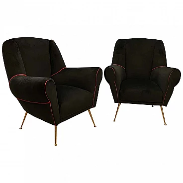 Pair of brass and black velvet armchairs, 50s