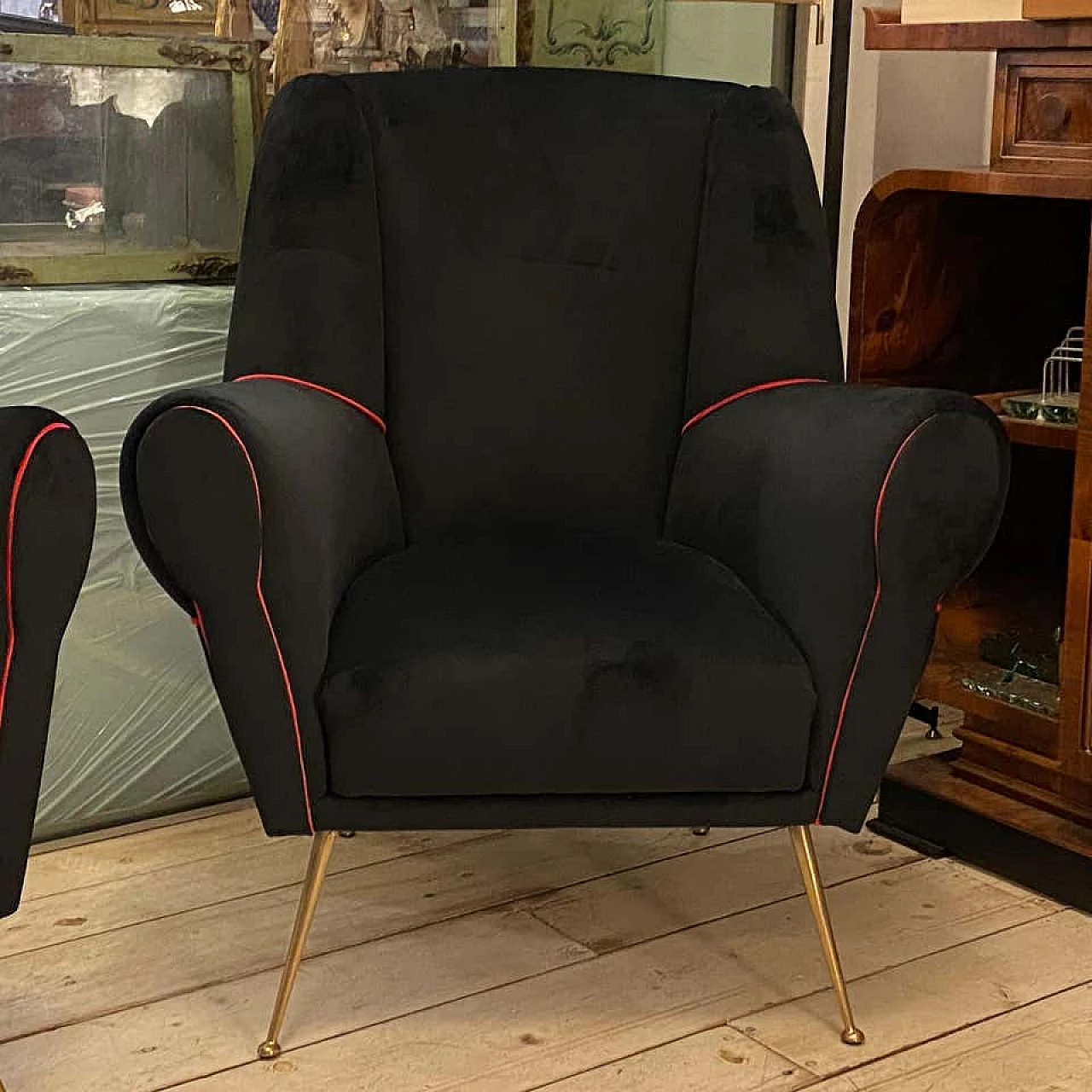 Pair of brass and black velvet armchairs, 50s 1184404