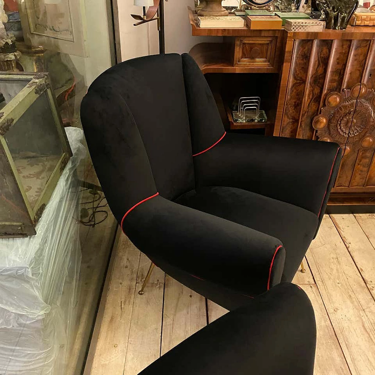 Pair of brass and black velvet armchairs, 50s 1184407