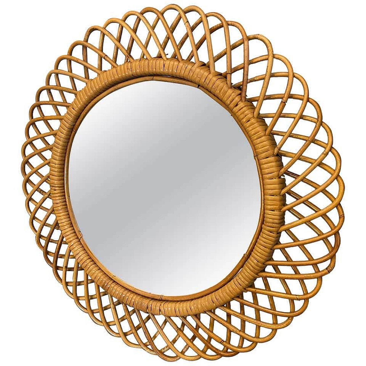Specchio da parete rotondo in bambù, anni '60 1185046