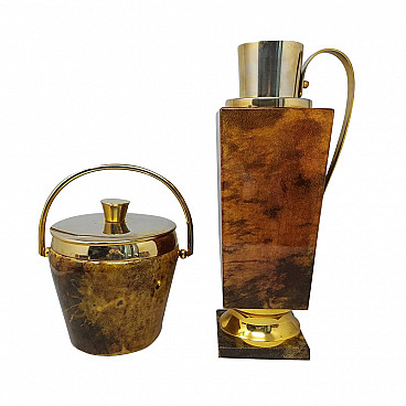 Bar set by Aldo Tura for Macabo in brown goat leather and brass, 1950s