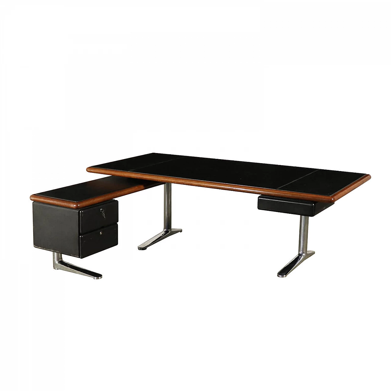 Peninsula desk in wood, chromed metal and leather, 80s 1185290
