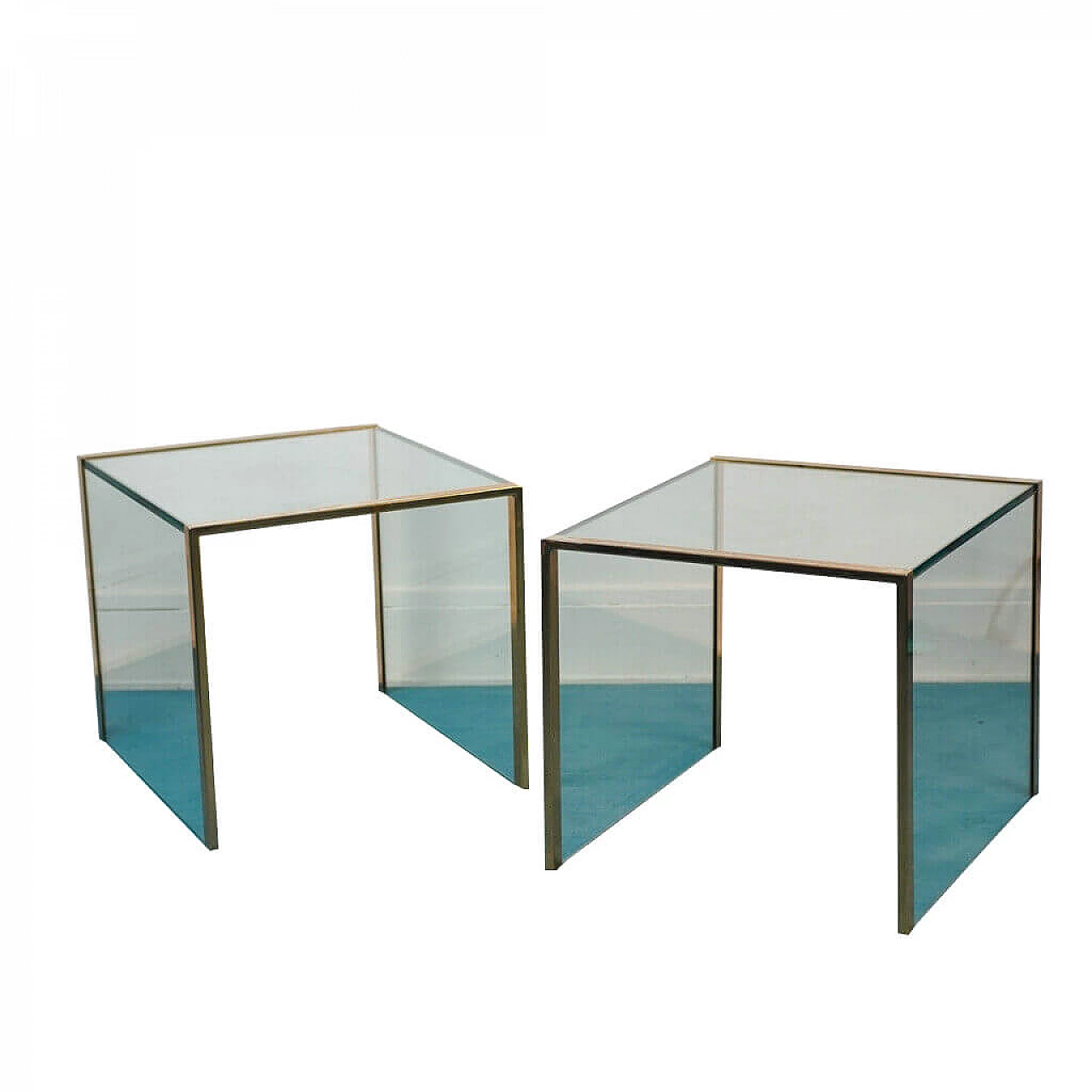 Pair of coffee tables in glass and brass, 1970s 1185692
