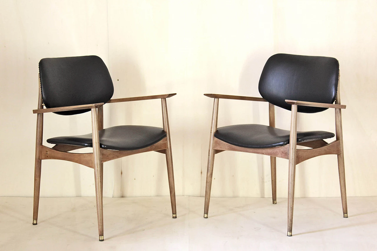 Pair of armchairs in beechwood and leather, 50s 1185799