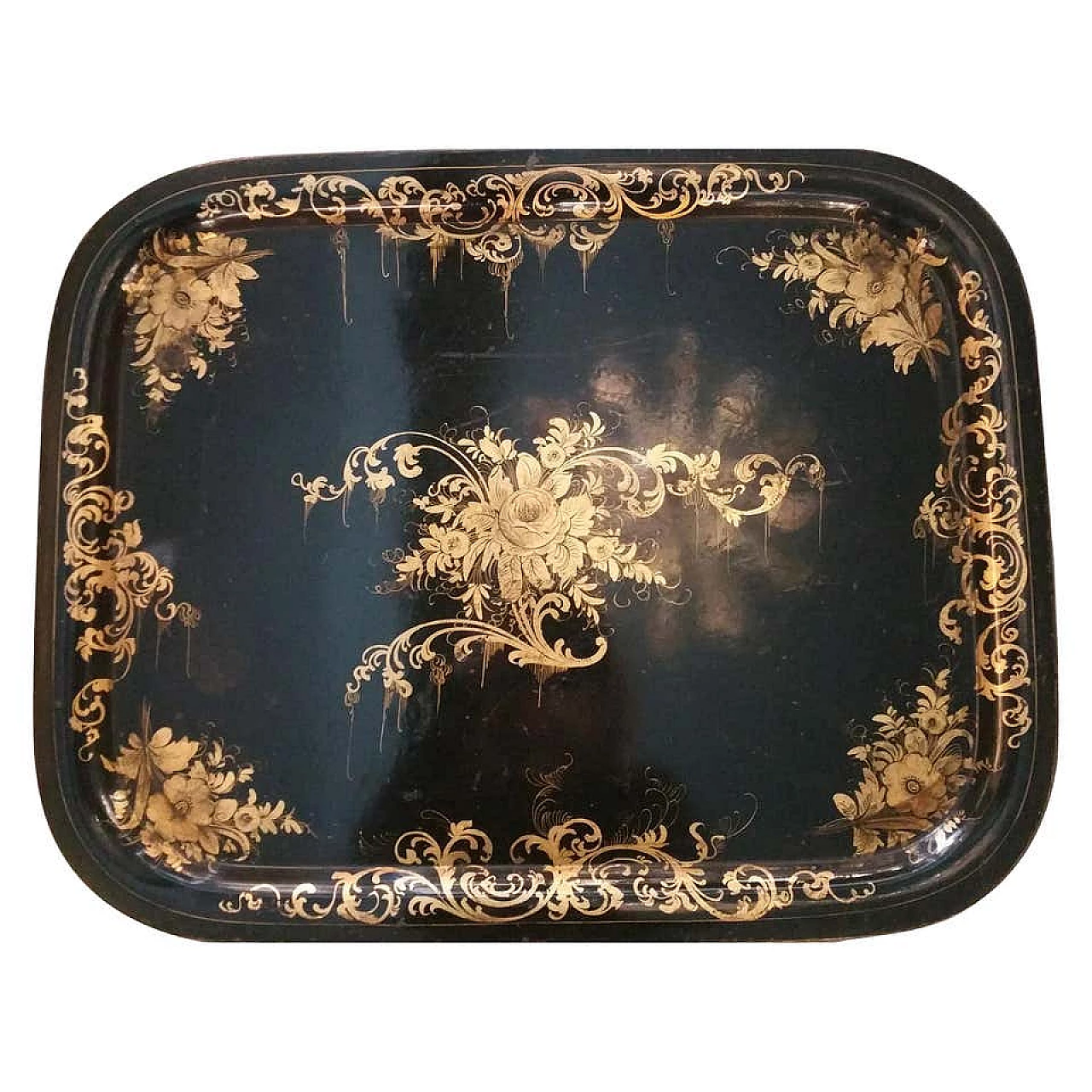 Hand painted Napoleon III metal toleware tray with gold paint, 19th century 1186296