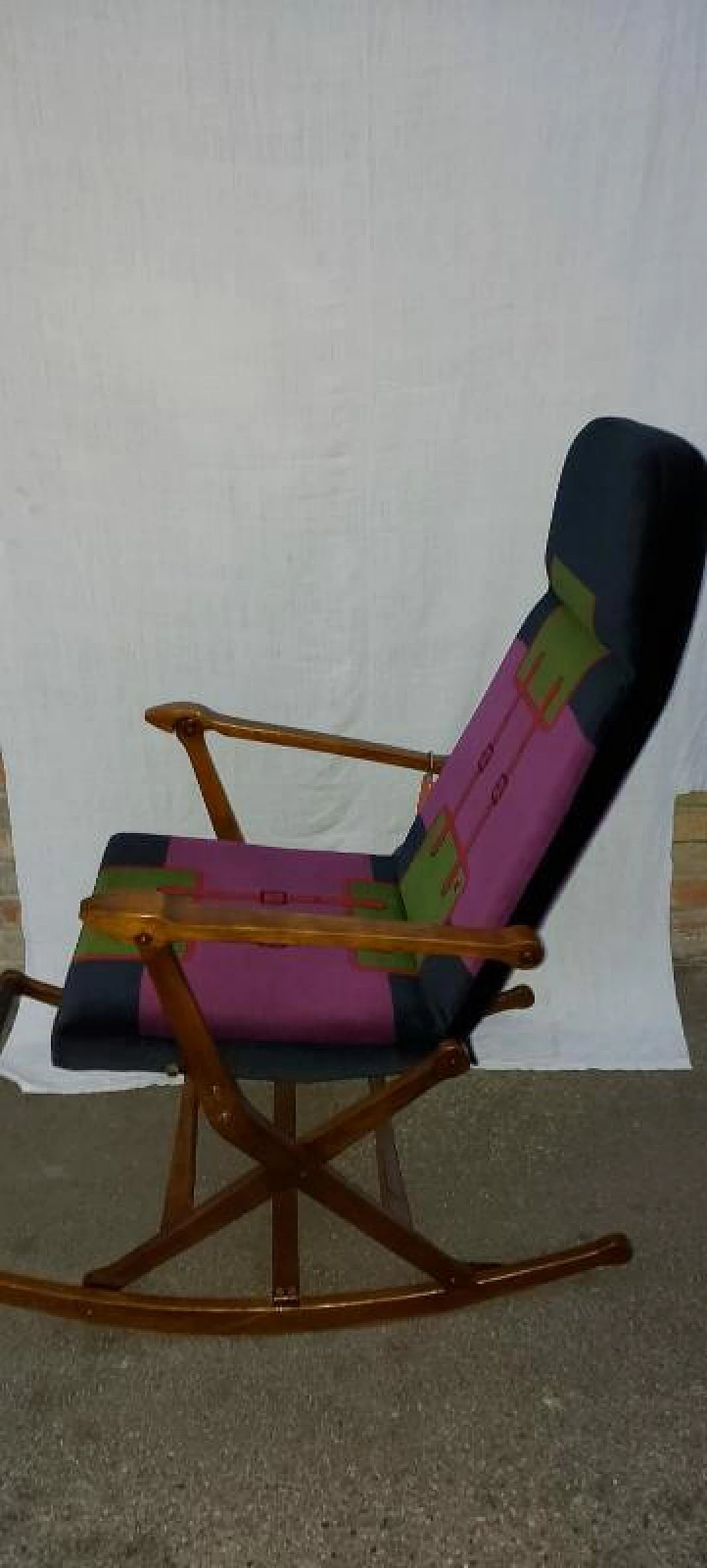 Mid-century rocking chair covered in coloured fabric, 70s 1186377