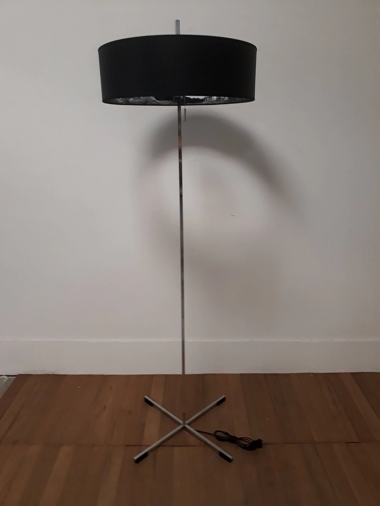 Steel floor lamp with black lampshade, 80s 1186389