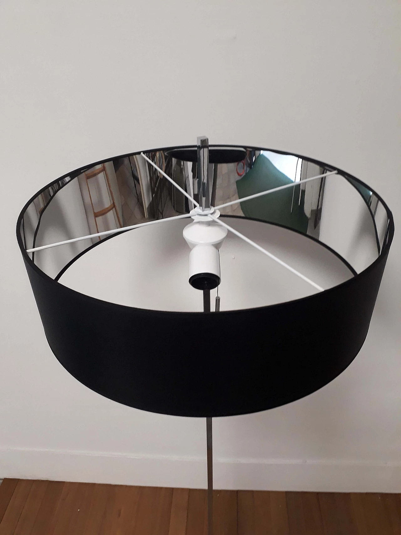 Steel floor lamp with black lampshade, 80s 1186390