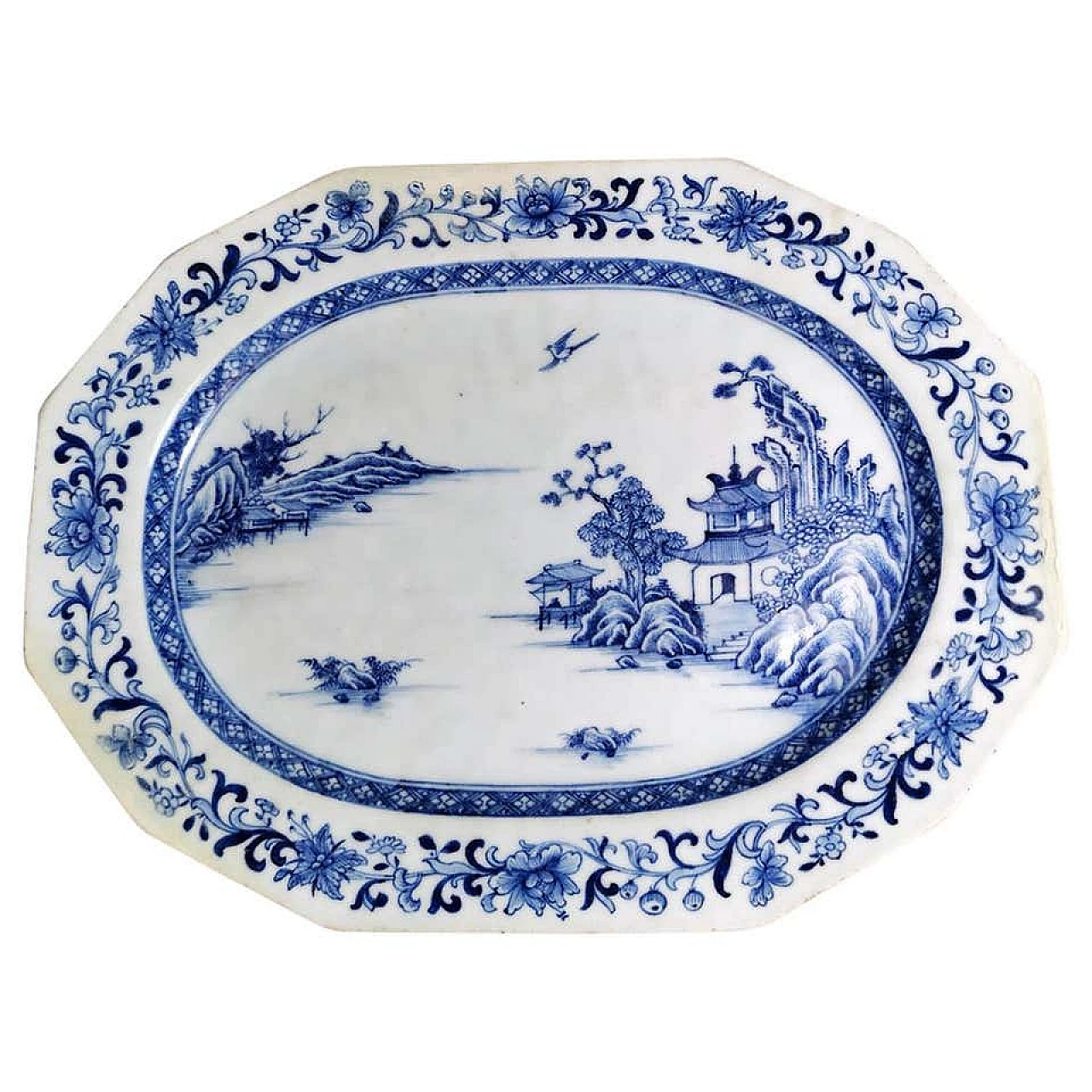 Vassoio di porcellana cinese della dinastia Qing dipinto a mano in blu cobalto 1186530