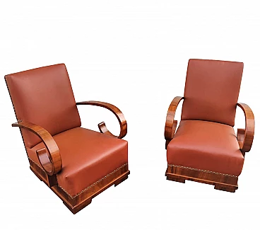 Pair of Art Deco armchairs in beech wood and leather, 30s