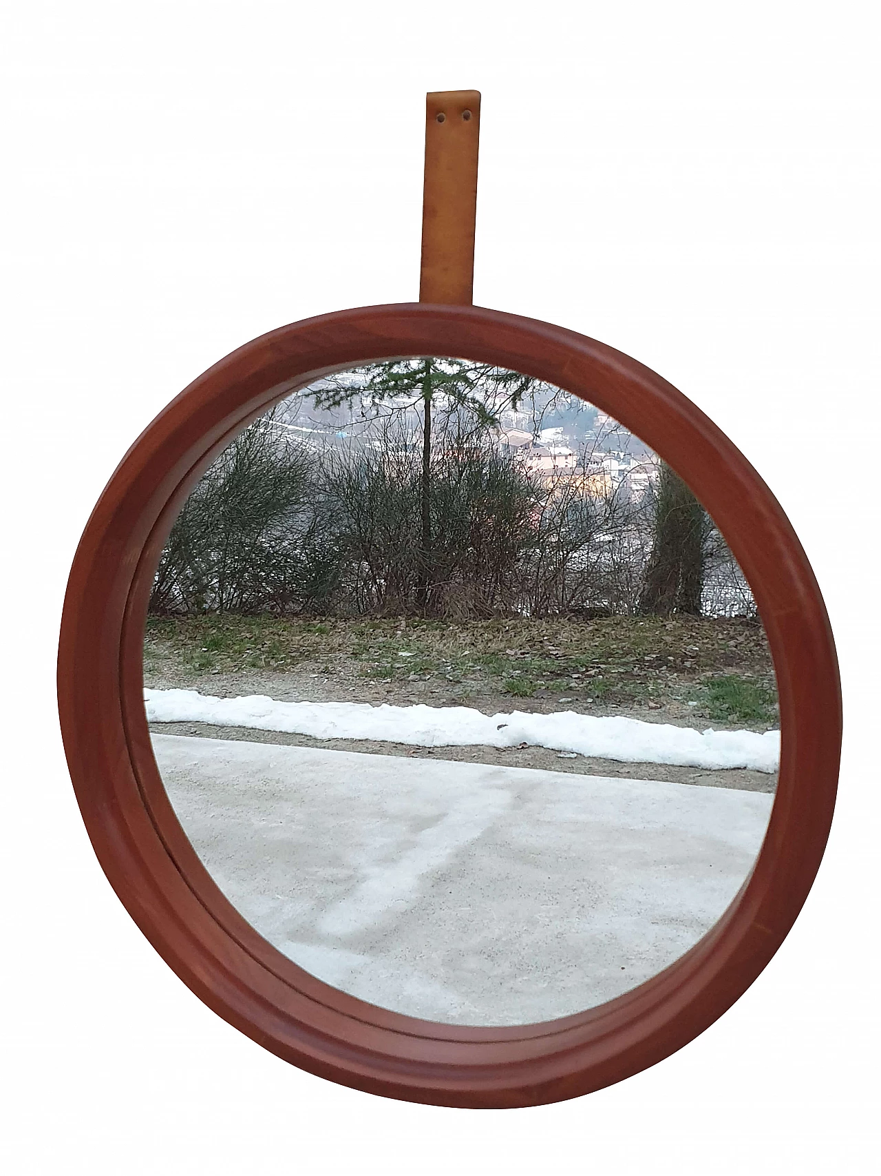Specchio in teak con cinghia in cuoio, anni '50 1186886