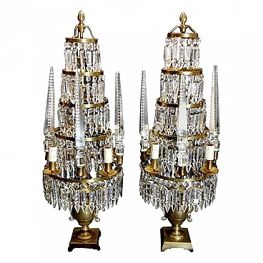 Pair of Louis XVI style girandoles in crystal and bronze, 19th century