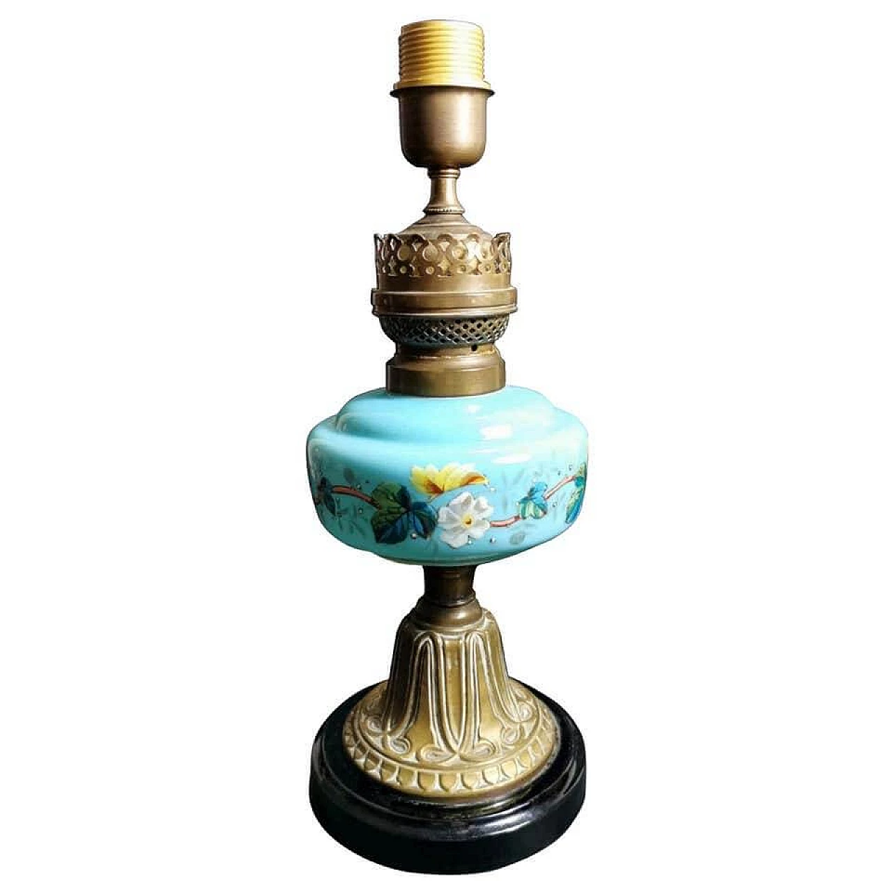 Louis Philippe style table lamp in opaline blue decorated glass and golden brass, 10s 1187336
