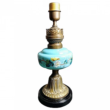 Louis Philippe style table lamp in opaline blue decorated glass and golden brass, 10s