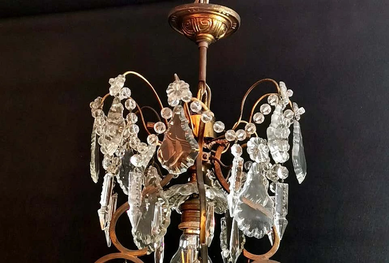 Lampadario stile Luigi XV in bronzo con cristalli tagliati, fine '800 1187675