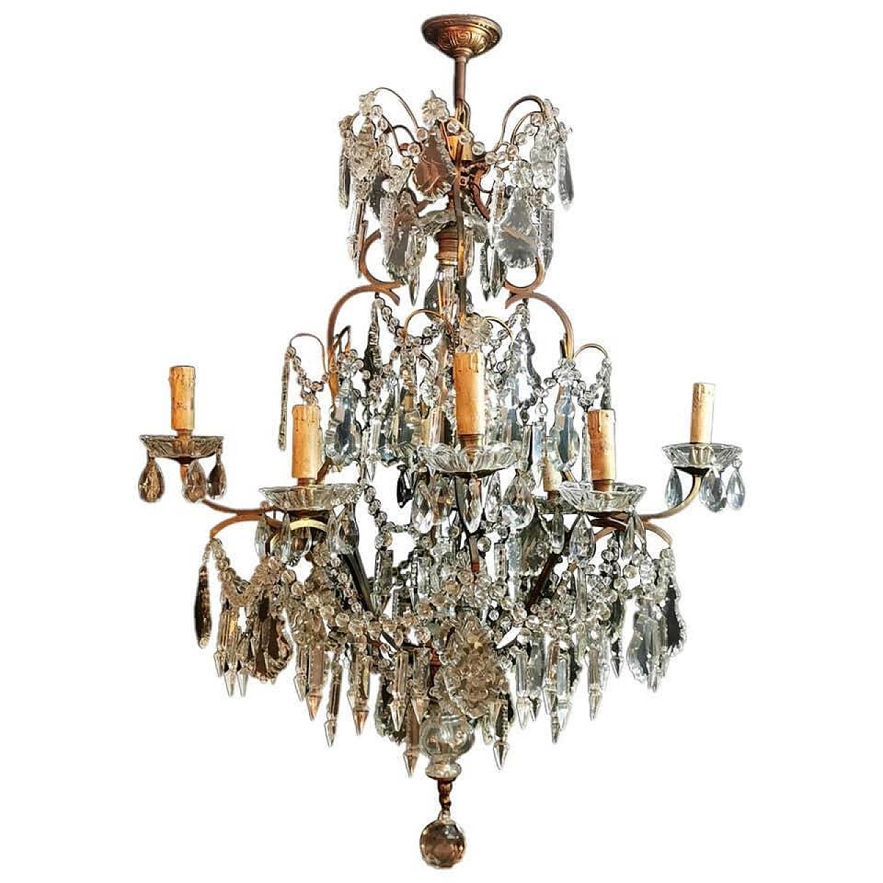 Lampadario stile Luigi XV in bronzo con cristalli tagliati, fine '800 1187679