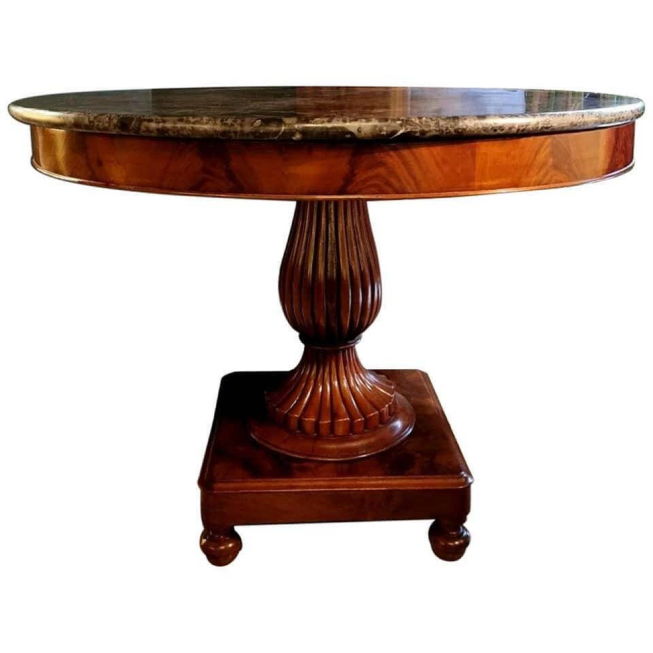 Charles X round table in solid mahogany with dark emperador marble top, 19th century 1187882