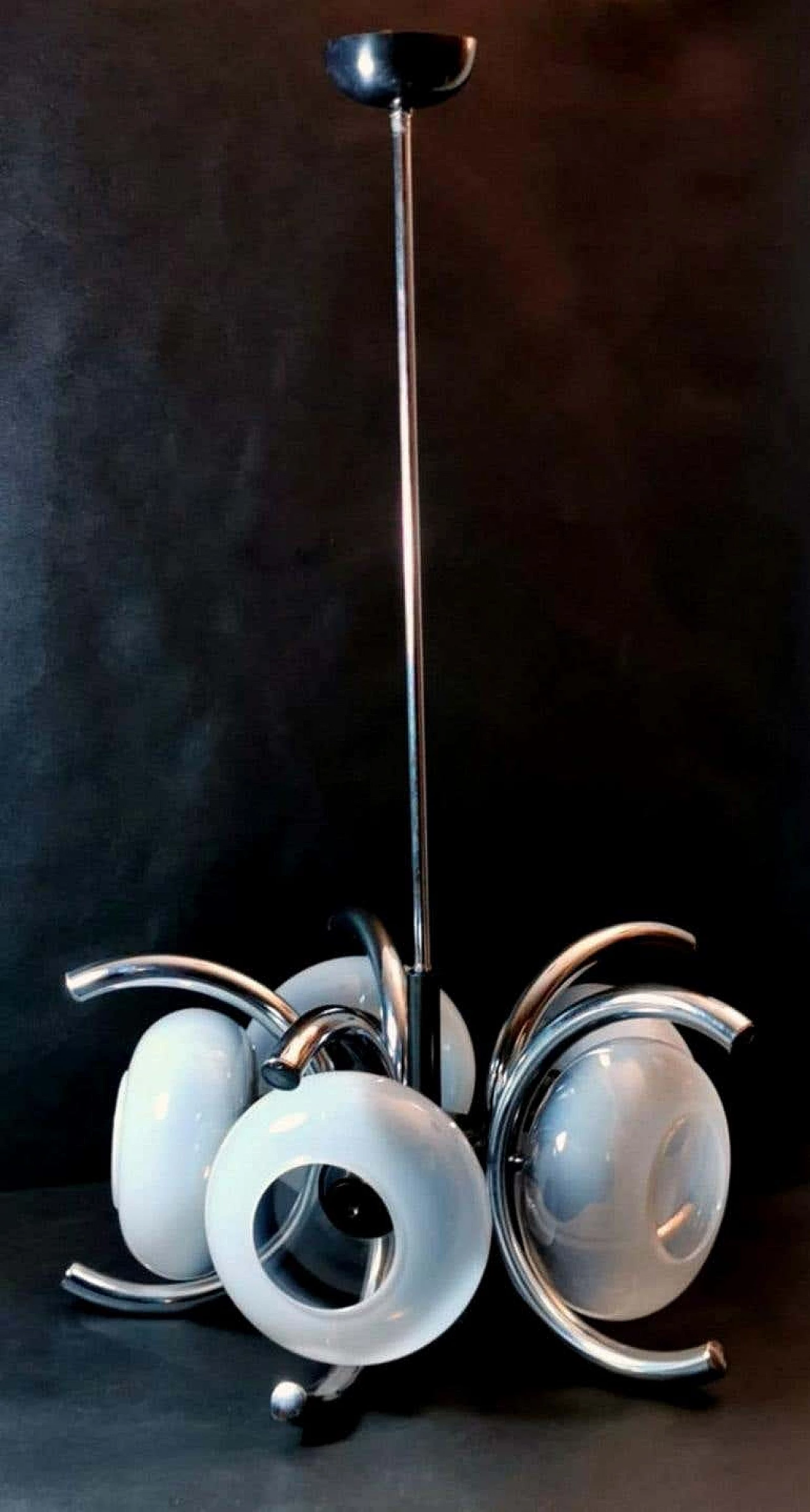 Chandelier in opaline glass and steel in Goffredo Reggiani style, 70s 1188273