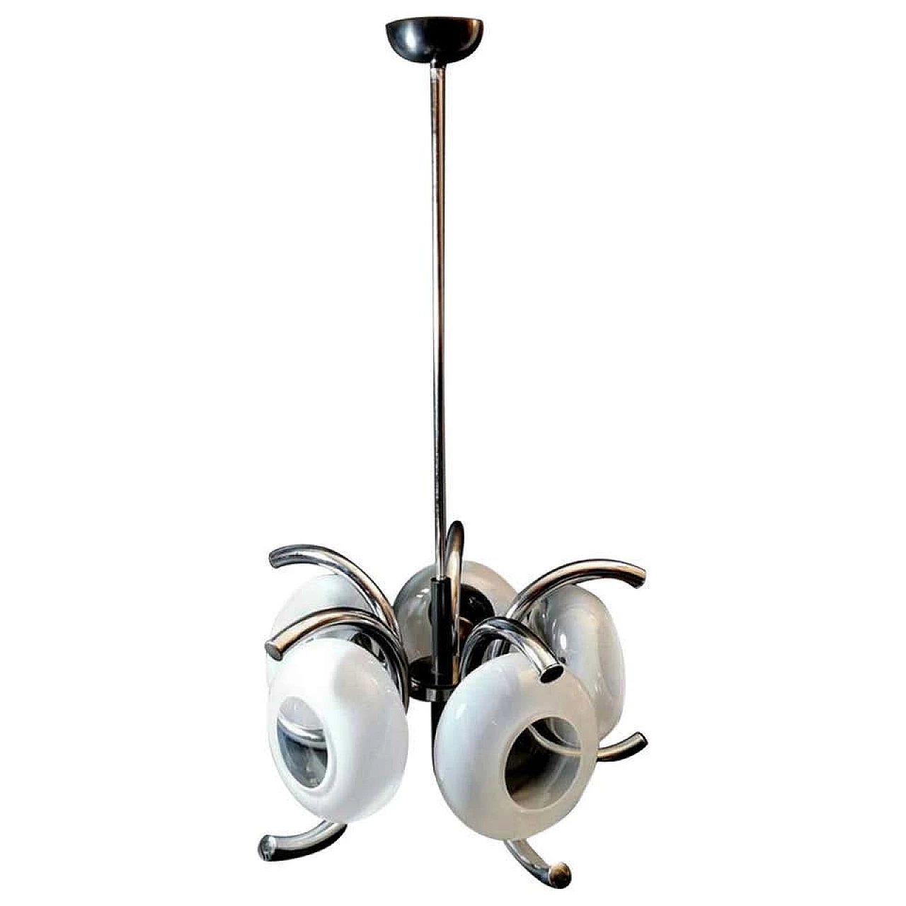 Chandelier in opaline glass and steel in Goffredo Reggiani style, 70s 1188290