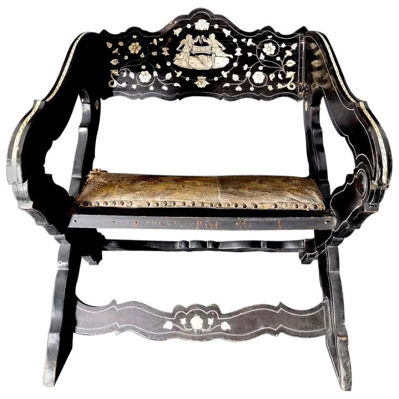 Chair in Ebony with bone inlays and Cordova leather, 18th century 1188325