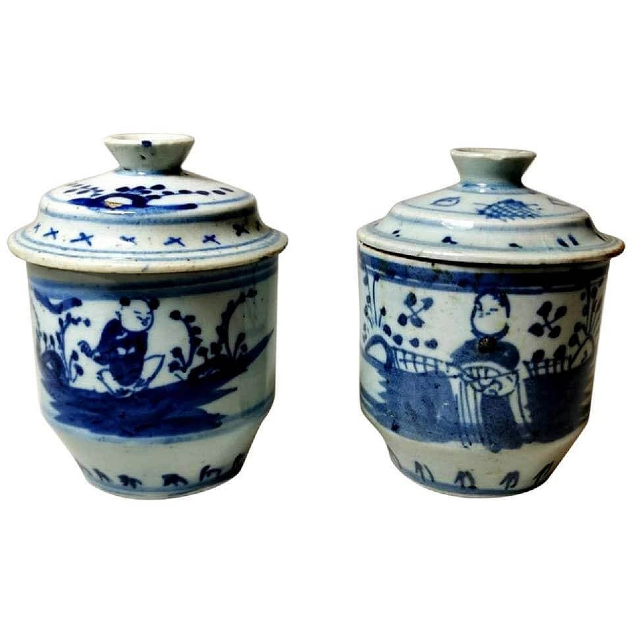 Coppia di vasetti per zenzero in porcellana con decorazioni in blu cobalto 1188345
