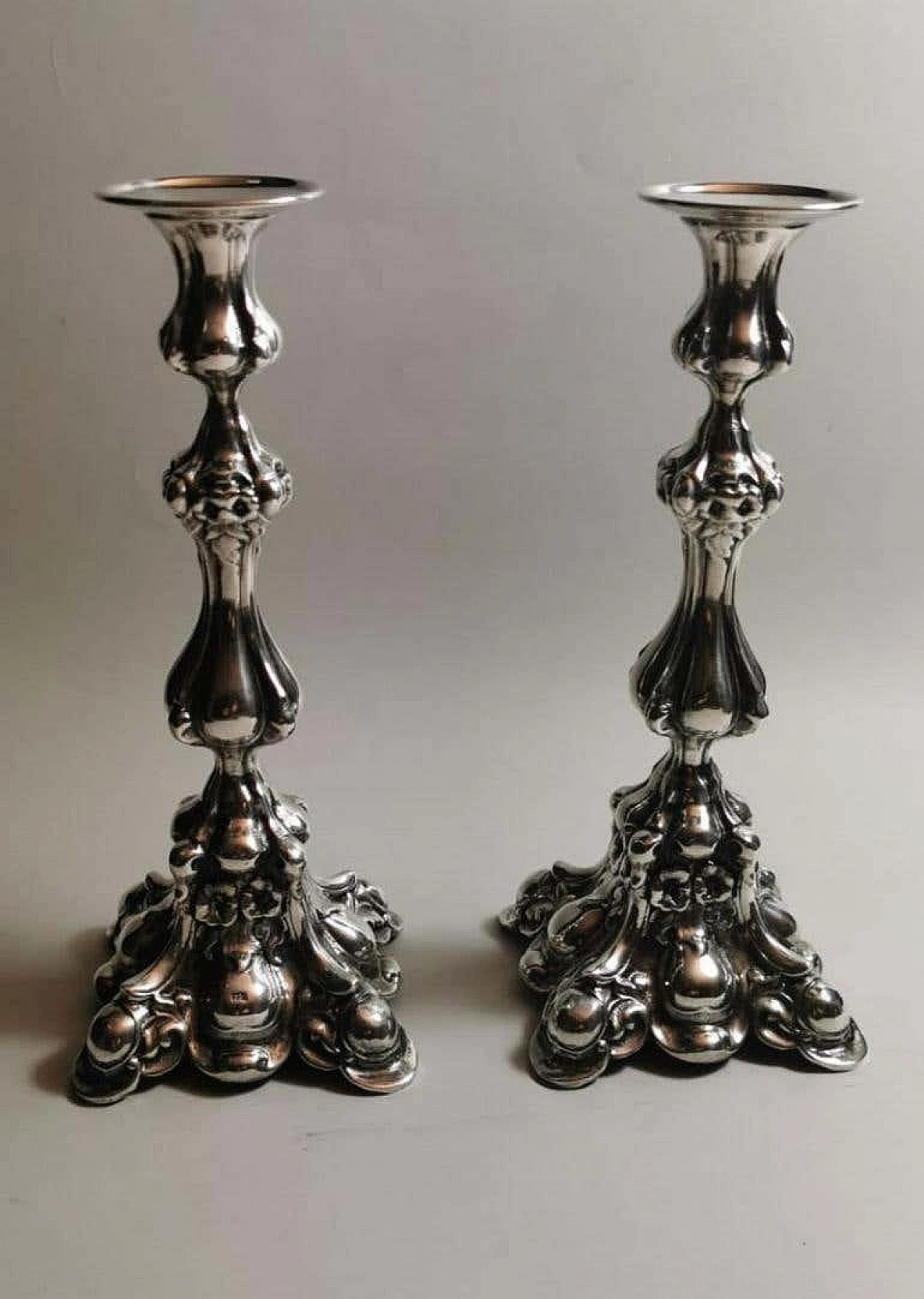 Pair of Rococo style  silver candlesticks, 50s 1188377