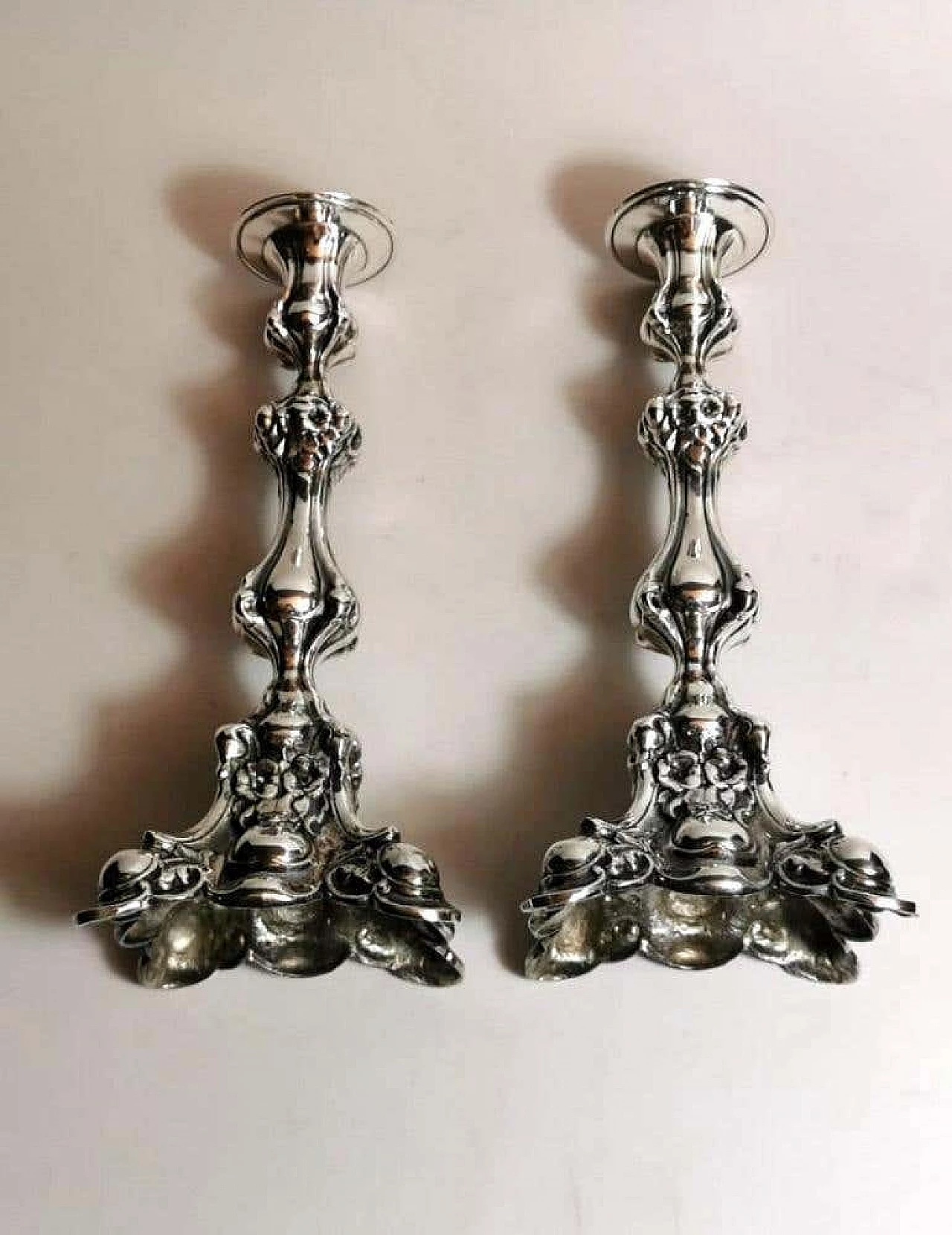 Pair of Rococo style  silver candlesticks, 50s 1188378