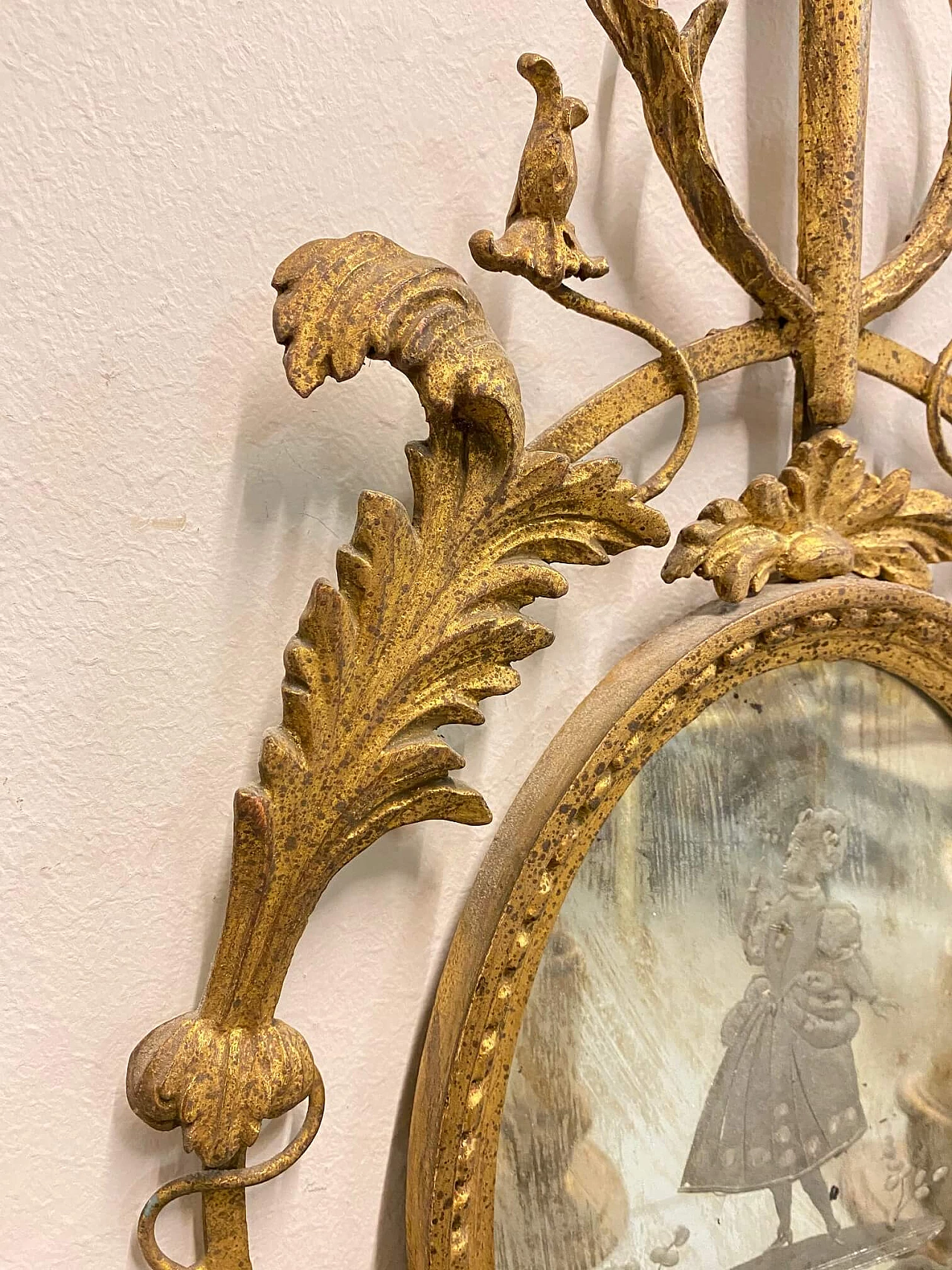 Wall sconce with 3 lights in wood and gilded iron with mirror, 50s 1188640