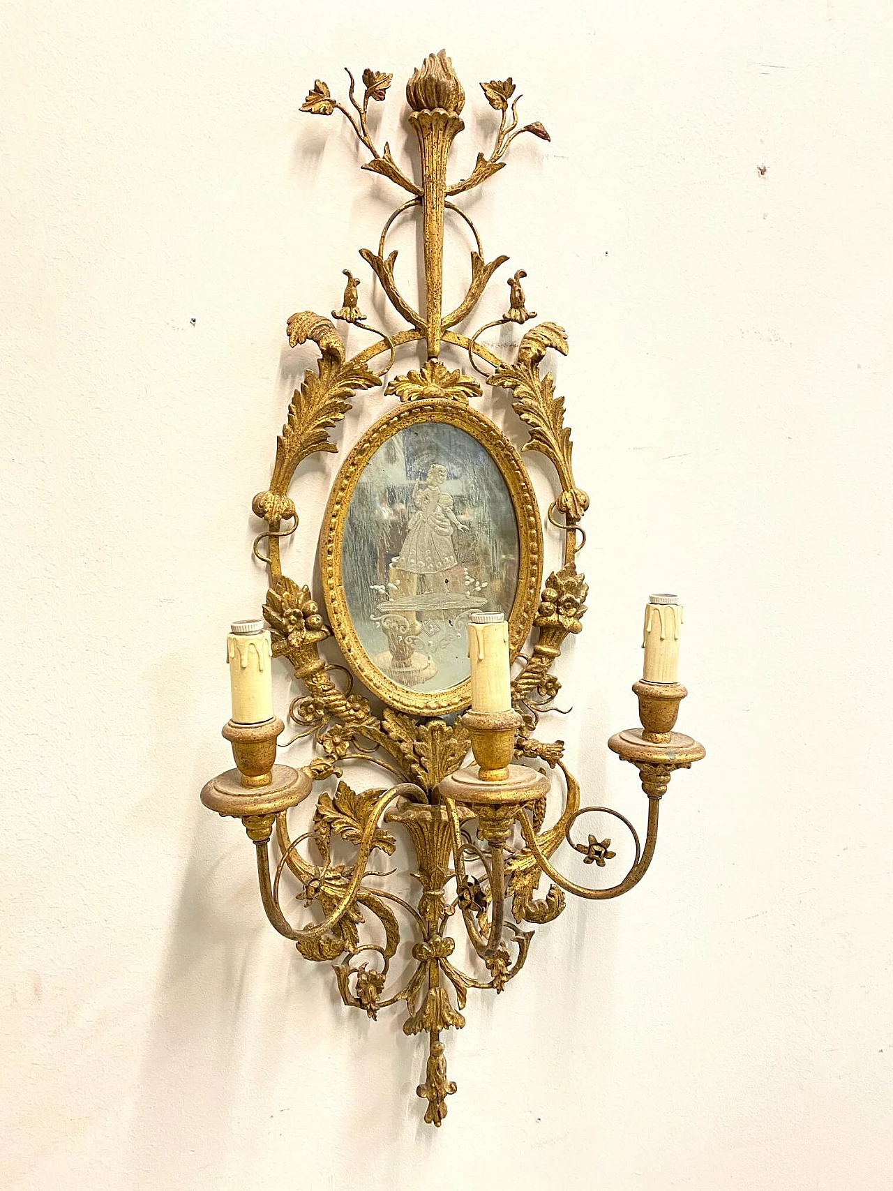 Wall sconce with 3 lights in wood and gilded iron with mirror, 50s 1188642