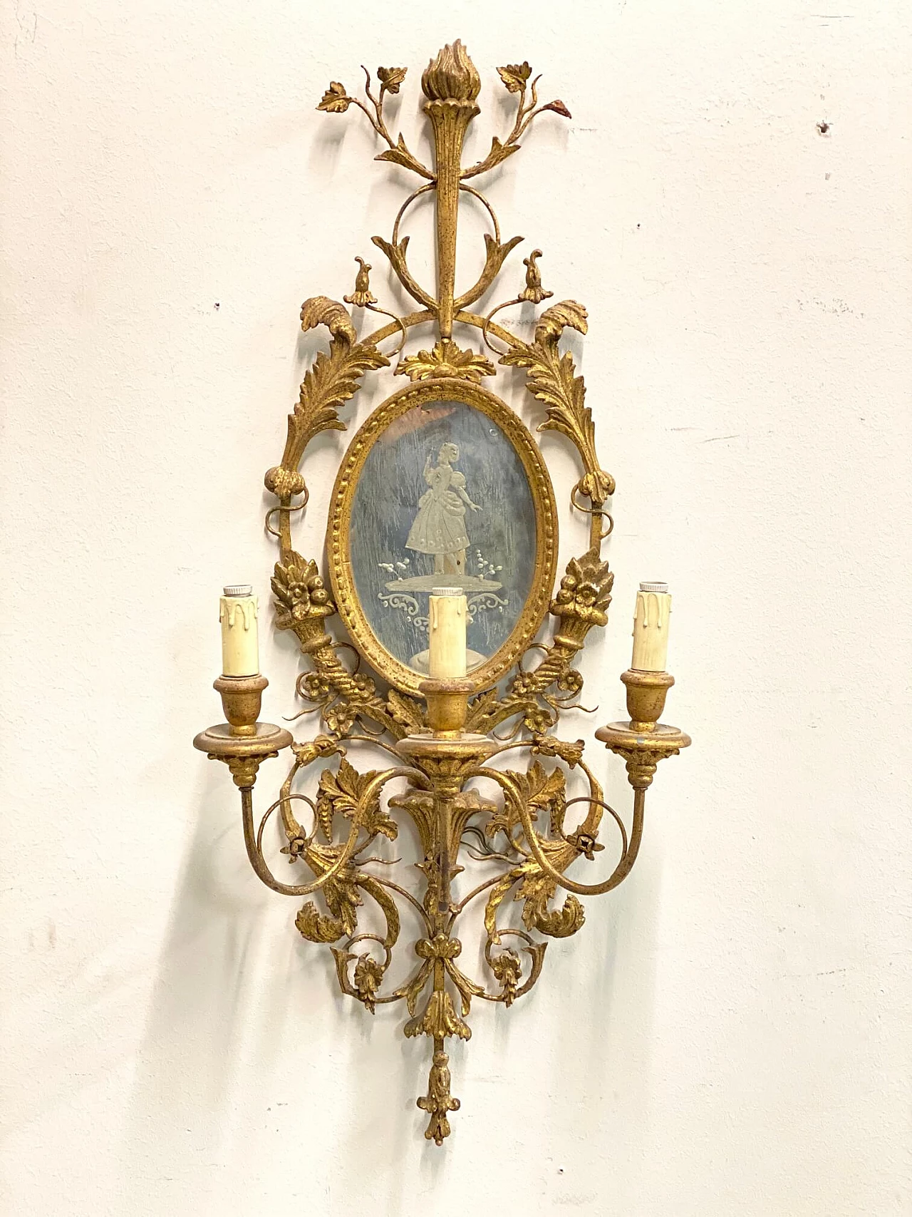 Wall sconce with 3 lights in wood and gilded iron with mirror, 50s 1188643