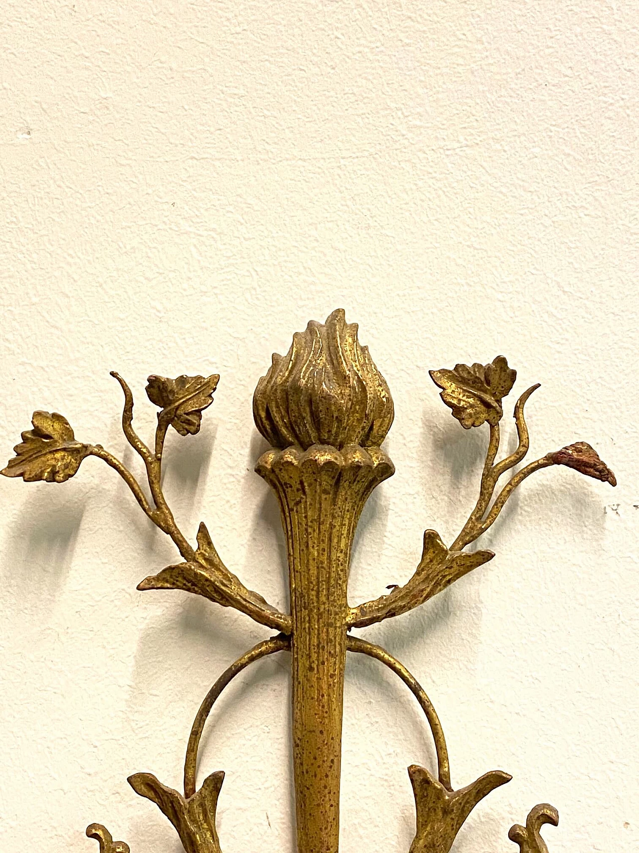 Wall sconce with 3 lights in wood and gilded iron with mirror, 50s 1188646