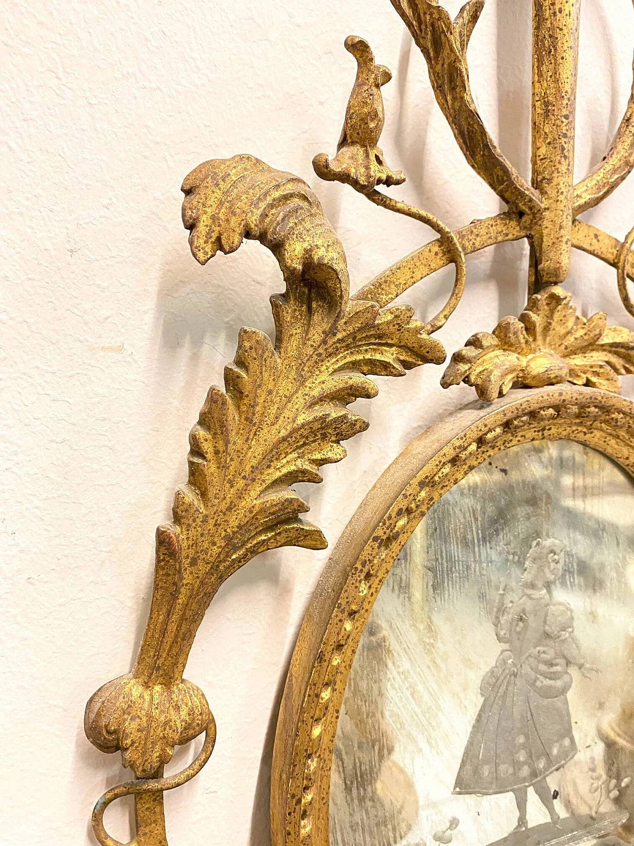 Wall sconce with 3 lights in wood and gilded iron with mirror, 50s 1188652