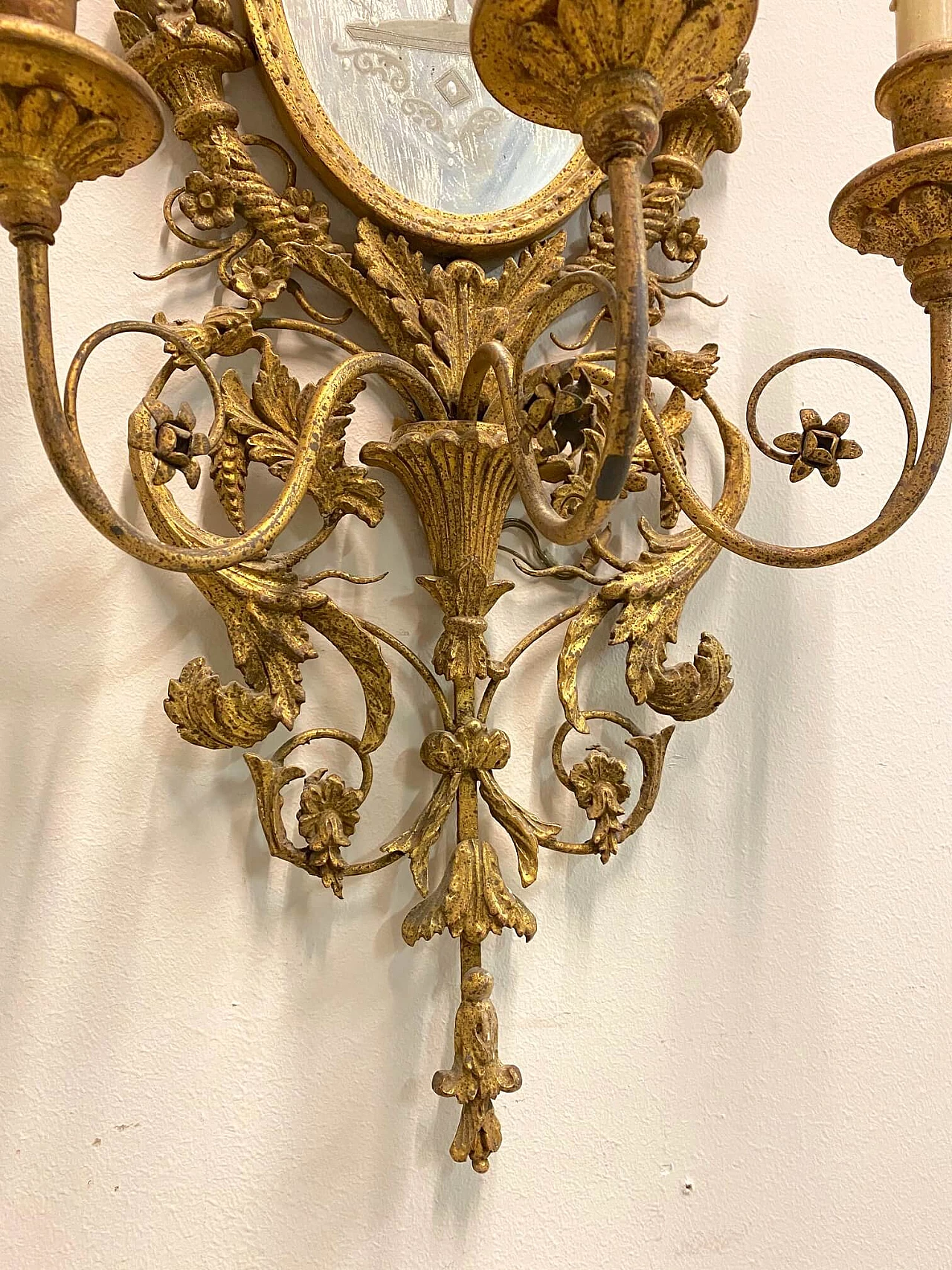 Wall sconce with 3 lights in wood and gilded iron with mirror, 50s 1188654
