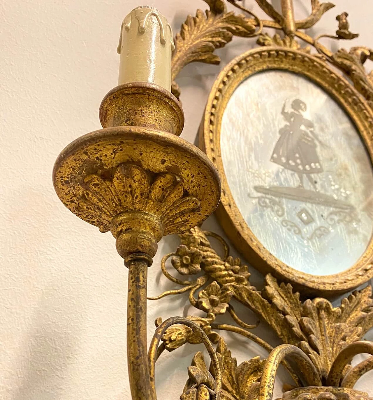 Wall sconce with 3 lights in wood and gilded iron with mirror, 50s 1188655