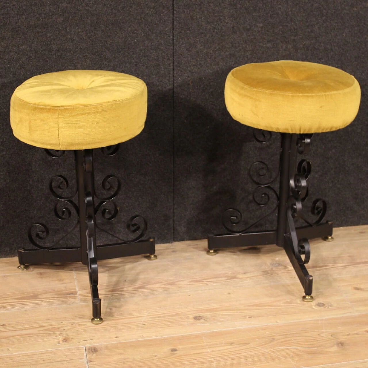 Pair of italian iron stools with velvet seats, 1970s 1188657