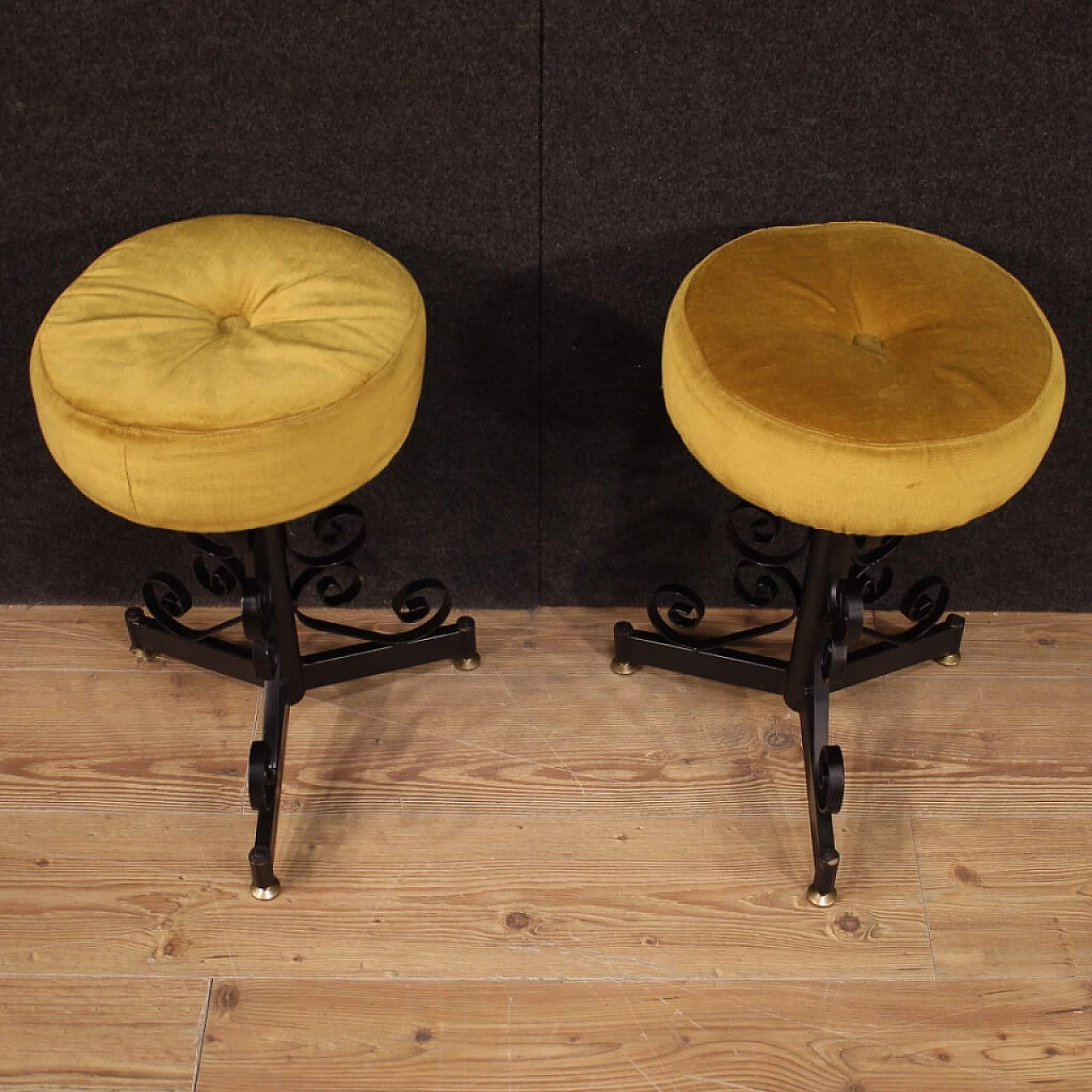 Pair of italian iron stools with velvet seats, 1970s 1188659