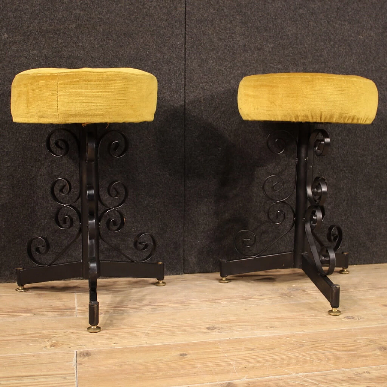 Pair of italian iron stools with velvet seats, 1970s 1188660