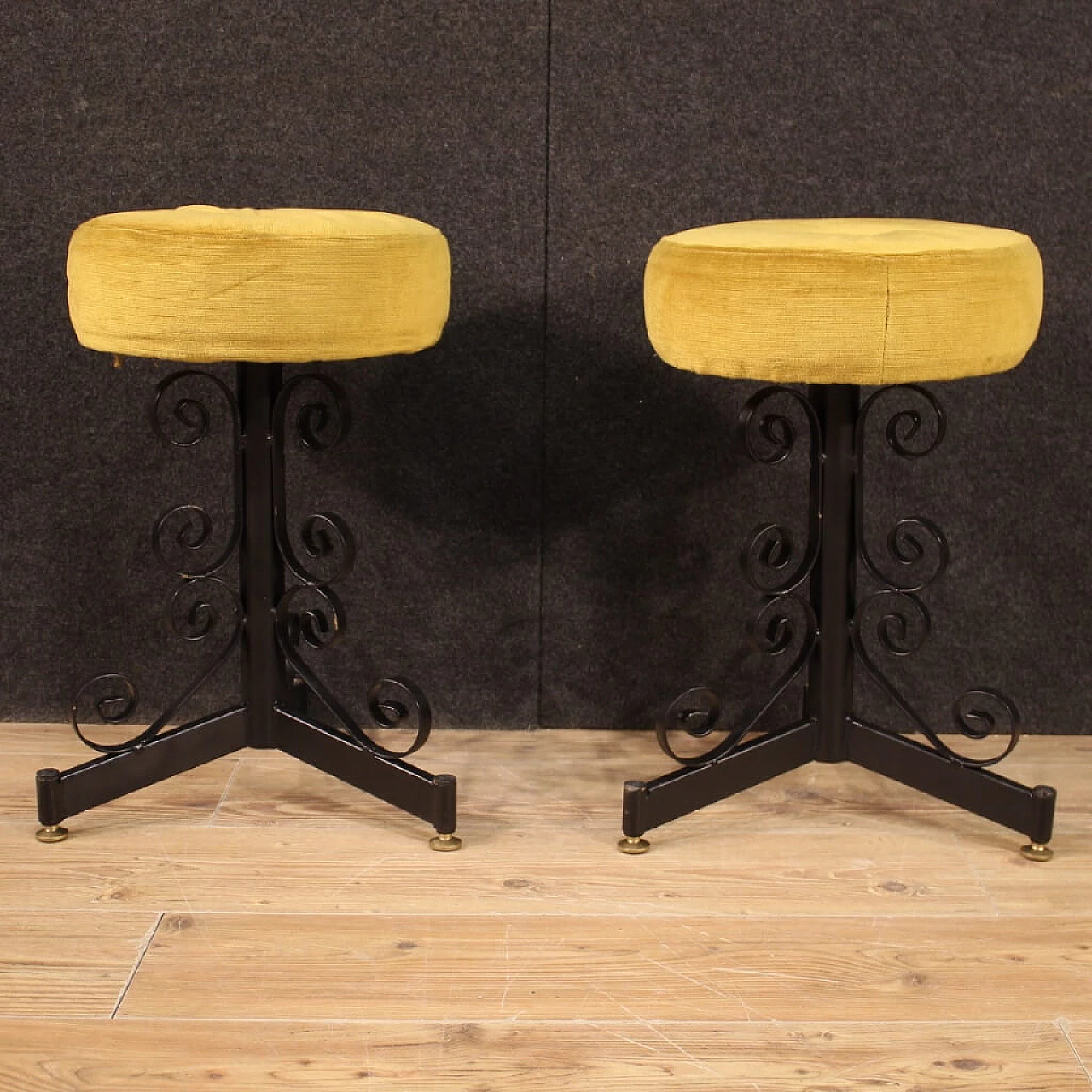 Pair of italian iron stools with velvet seats, 1970s 1188666