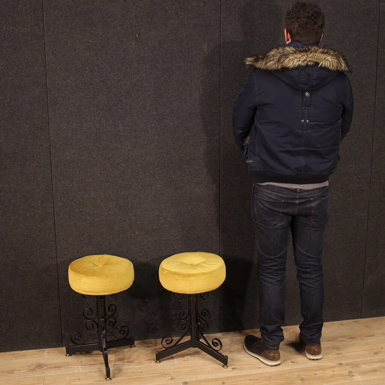 Pair of italian iron stools with velvet seats, 1970s 1188668