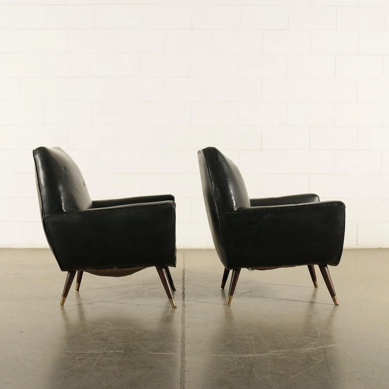 Pair of armchairs in wood and imitation leather, 60s 1189344