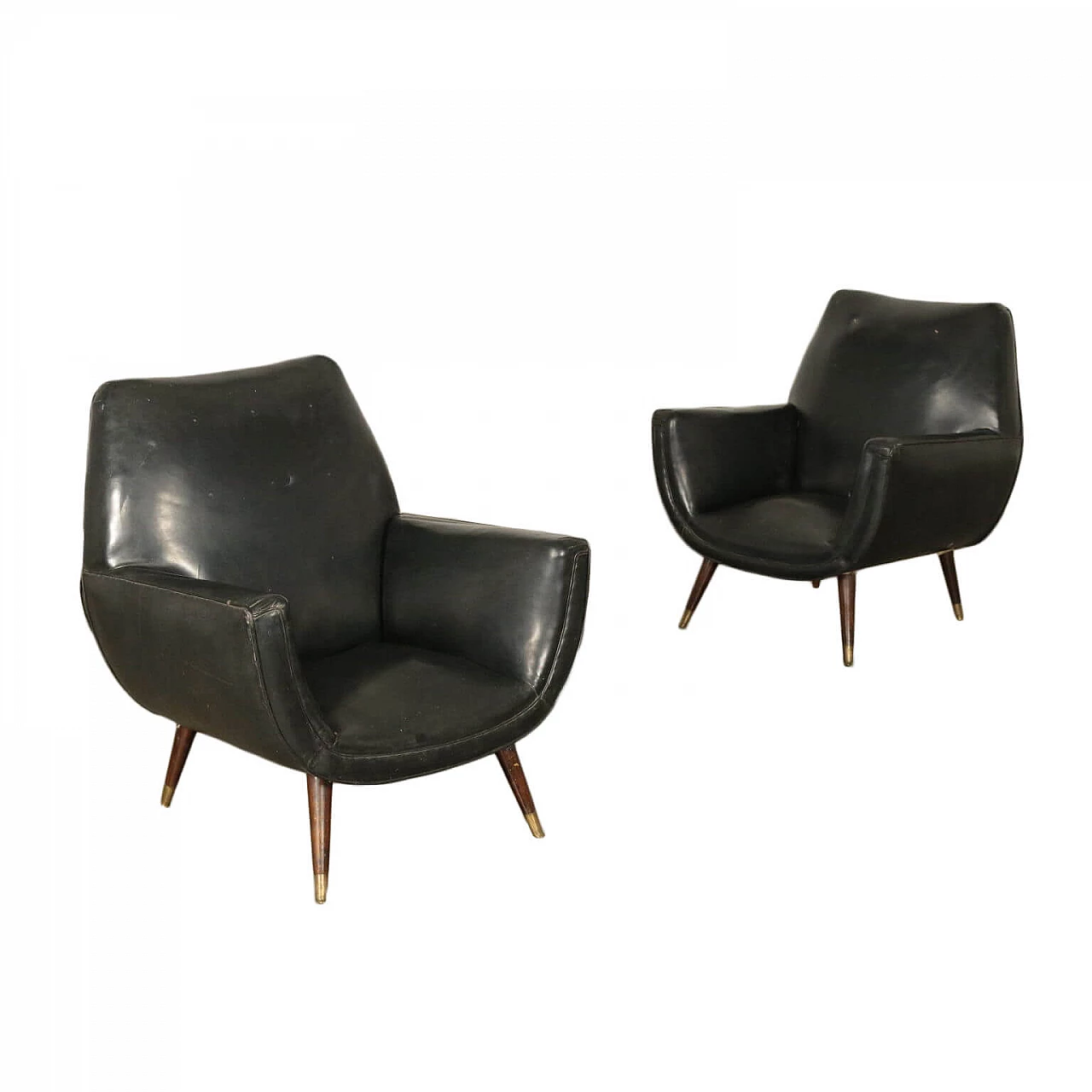Pair of armchairs in wood and imitation leather, 60s 1189354