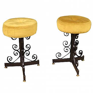 Pair of italian iron stools with velvet seats, 1970s