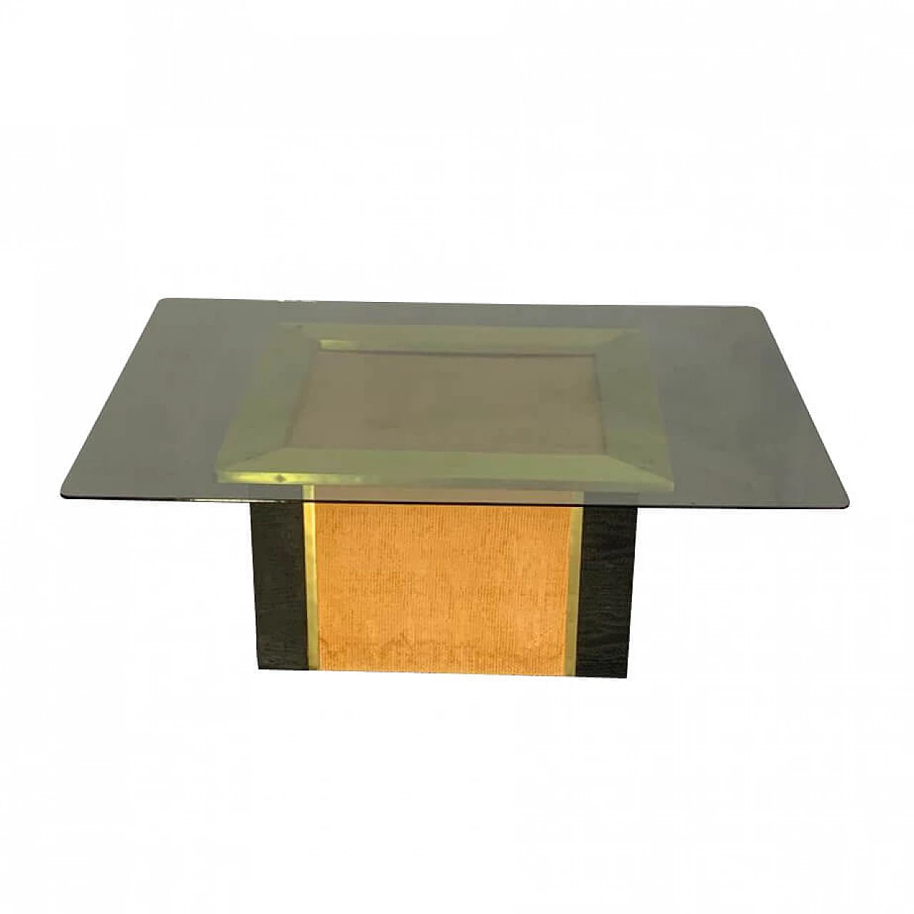 Tavolino in ottone, lacca nera e paglia di Vivai del Sud, anni '70 1190627
