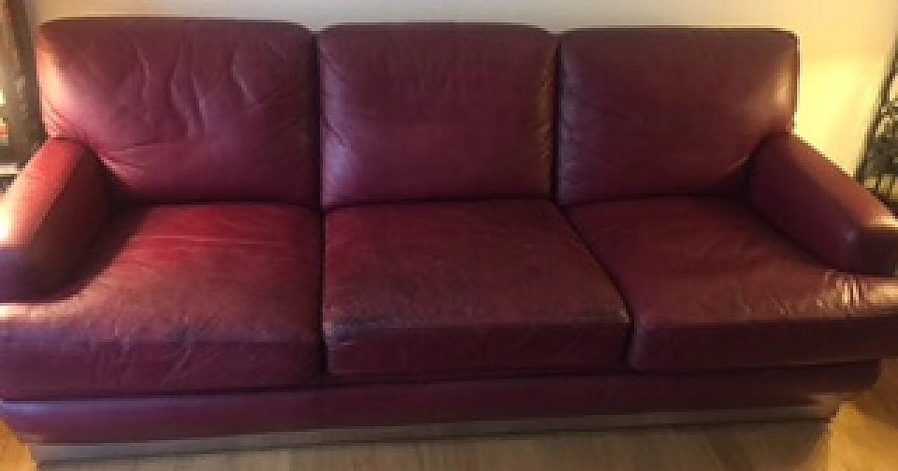 Sofa and pair of armchairs in burgundy leather by Roche Bobois, 1980s 1190825