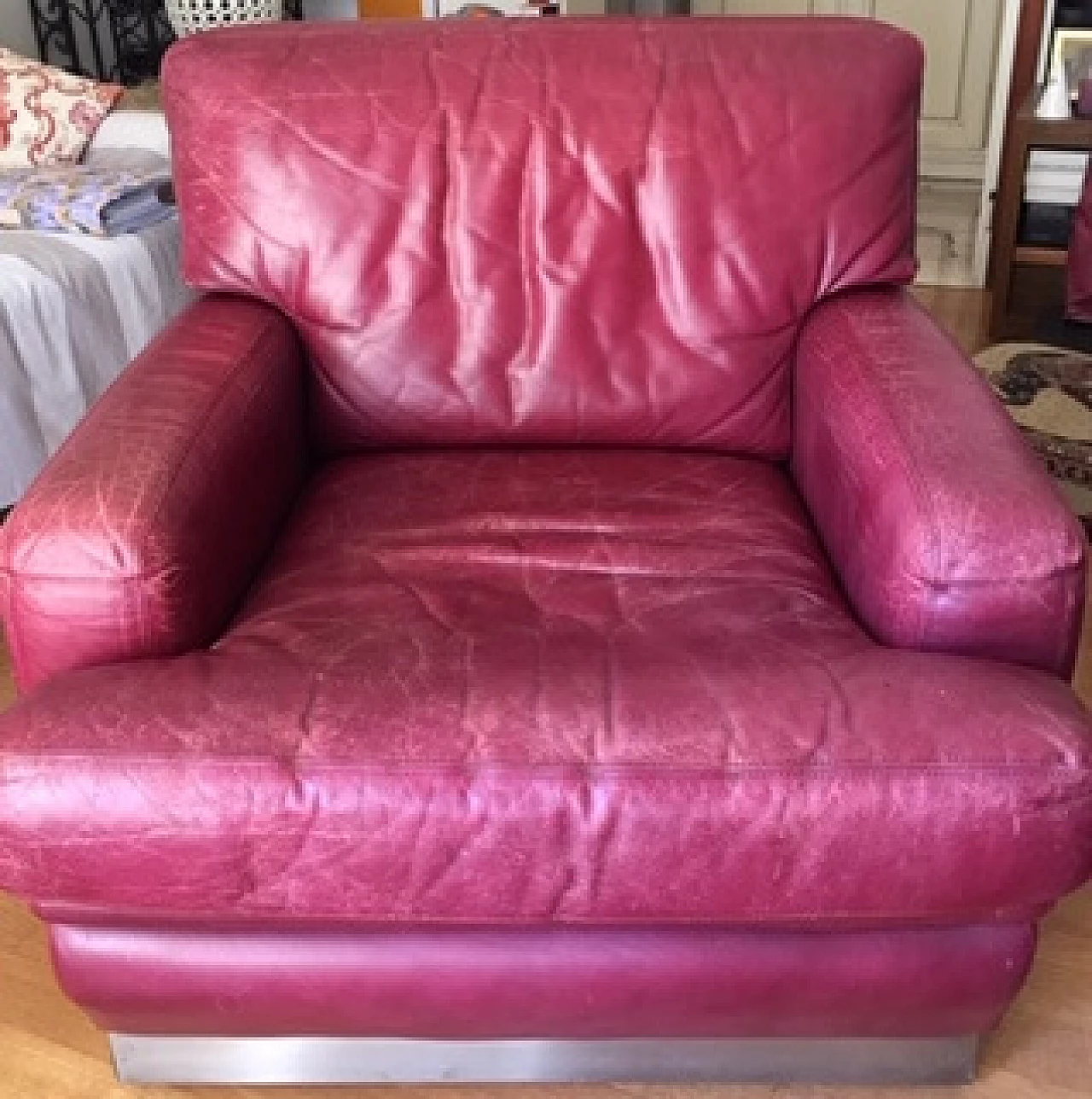 Sofa and pair of armchairs in burgundy leather by Roche Bobois, 1980s 1190827