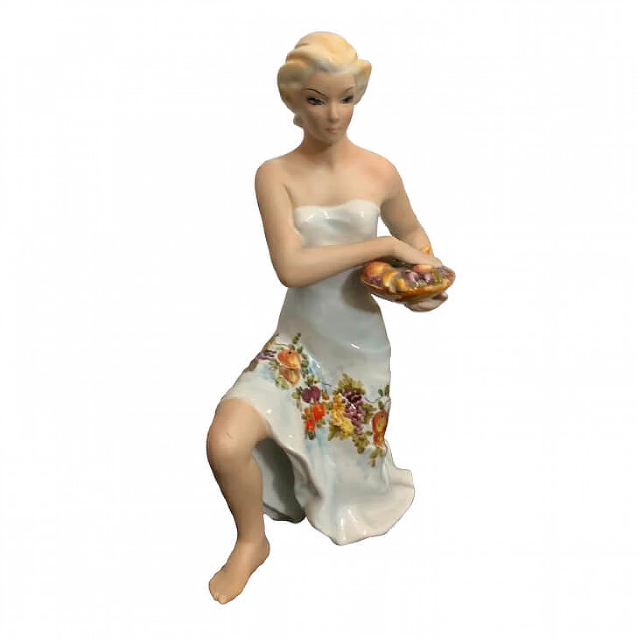 Ceramic sculpture of a woman carrying a basket of fruit by Favaro Cecchetto, 50s 1191400