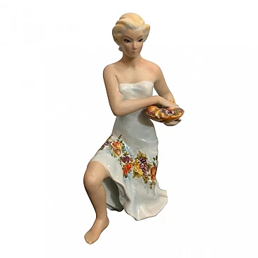 Ceramic sculpture of a woman carrying a basket of fruit by Favaro Cecchetto, 50s