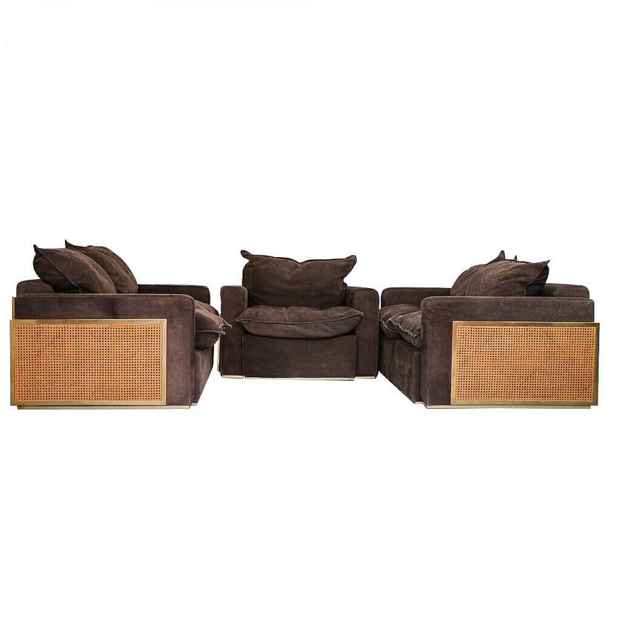 Coppia di divani e una poltrona in scamosciato e paglia di vienna, anni '70 1191426