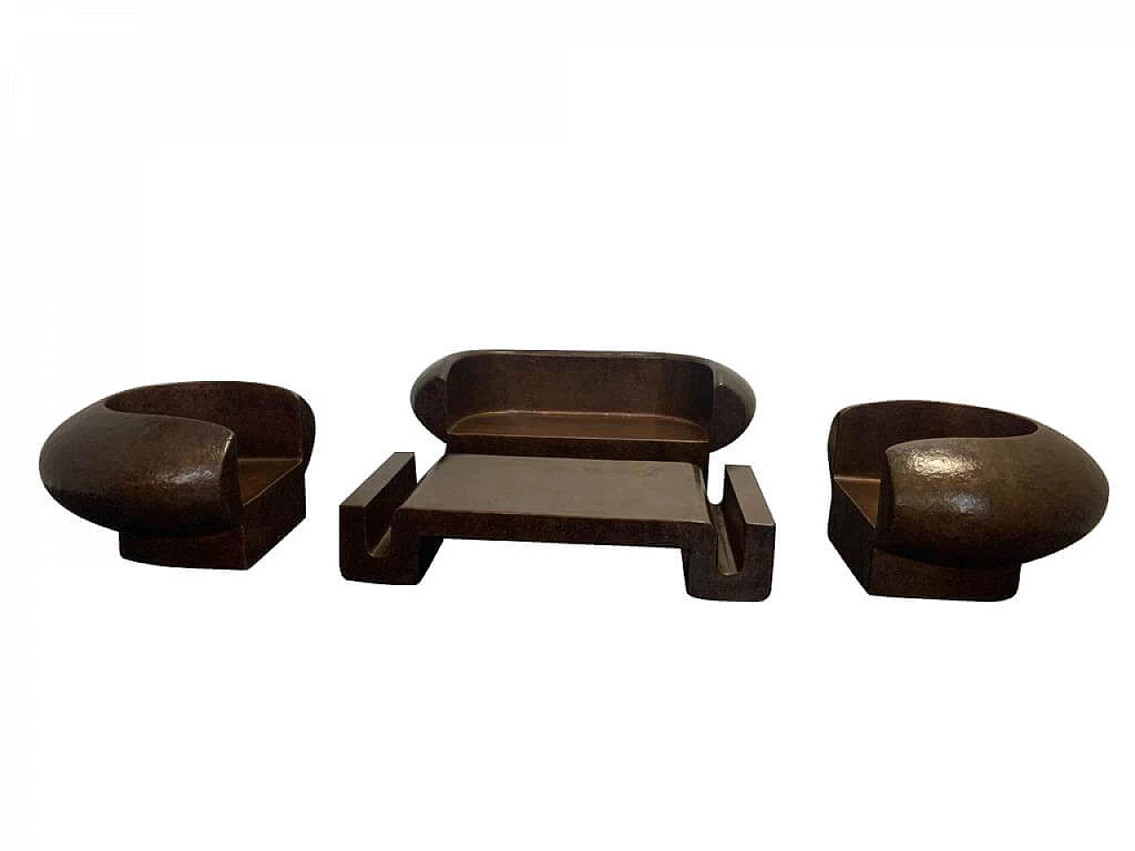 Sofa, pair of armchairs and coffee table in patinated copper by Ravi Sing for Lightworks, 1990s 1191794