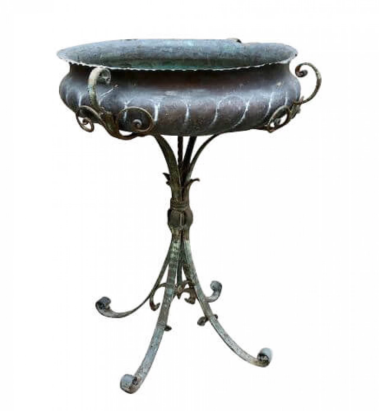 Fioriera in ferro battuto con bacile in rame 1192346